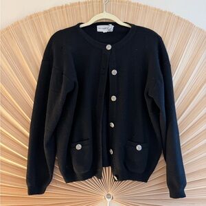 Vintage black knit cardigan with ornate silver buttons